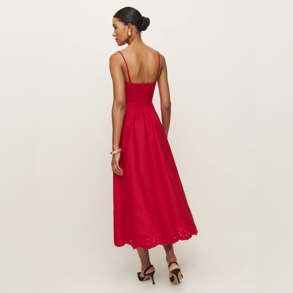 NEW Reformation Cherie Midi Cotton Dress in Lipstick Red | size 0 / XS - Picture 3 of 14